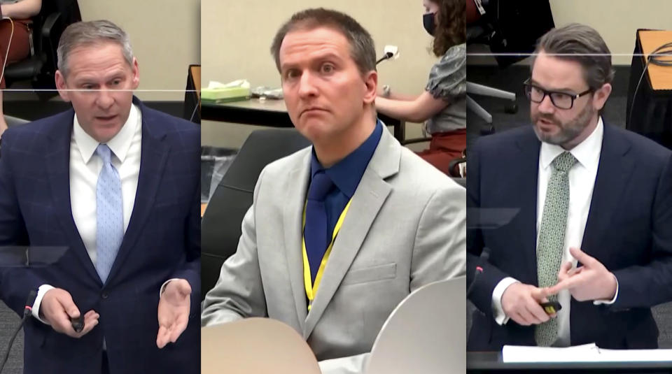 Prosecution attorney Steve Schleicher, Derek Chauvin and defense attorney Eric Nelson during the Derek Chauvin trial in Minneapolis, MN on April 19, 2021. (Photo illustration: Yahoo News; photos: Court TV via Reuters Video)