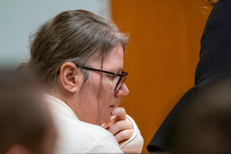 Jennifer Crumbley sits in the Oakland County courtroom of Cheryl Matthews on Monday Feb. 5, 2024 as she waits for the jury to deliberate on four counts of involuntary manslaughter for the four students killed by her son, Ethan Crumbley, in a 2021 shooting at Oxford High School.
