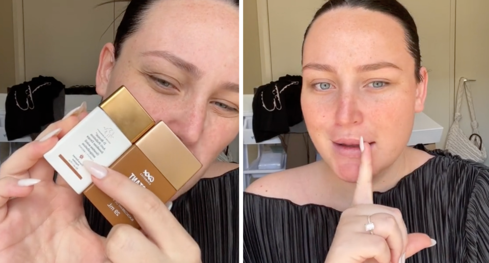 Ashley Day holds up Kmart's Drunk Elephant bronzer dupe.