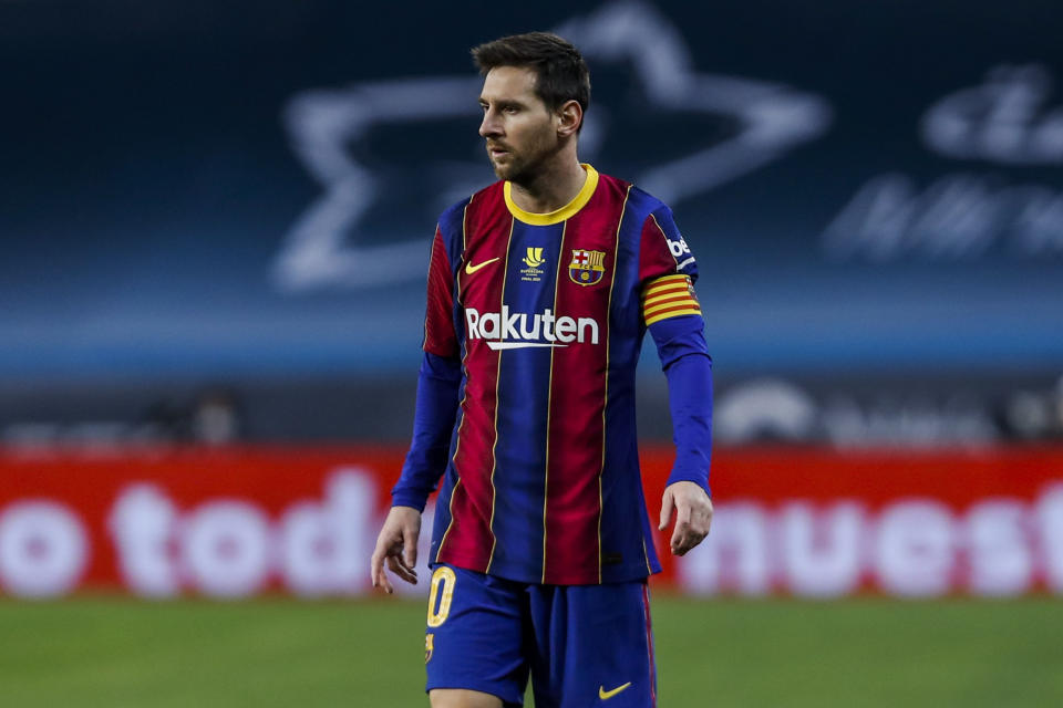 Barcelona's Lionel Messi during the Spanish Supercopa final soccer match between FC Barcelona and Athletic Bilbao at La Cartuja stadium in Seville, Spain, Sunday, Jan. 17, 2021. (AP Photo/Miguel Morenatti)