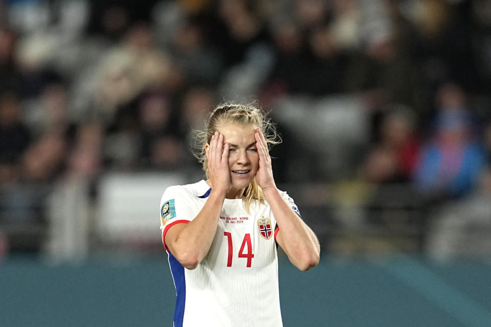 Norway's Ada Hegerberg reacts after missing a scoring chance during the Women's World Cup soccer match between New Zealand and Norway in Auckland, New Zealand, Thursday, July 20, 2023. (AP Photo/Abbie Parr)