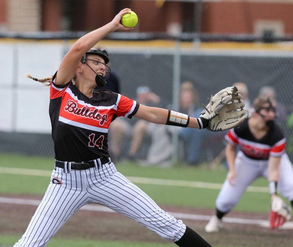 Avery Robinson of Green delivers a pitch during Monday's Division I district semifinal game against Perry in Austintown. The Bulldogs beat the Panthers 11-0.