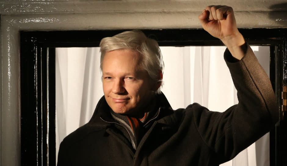 Wikileaks founder Julian Assange speaks from the Ecuadorian Embassy.