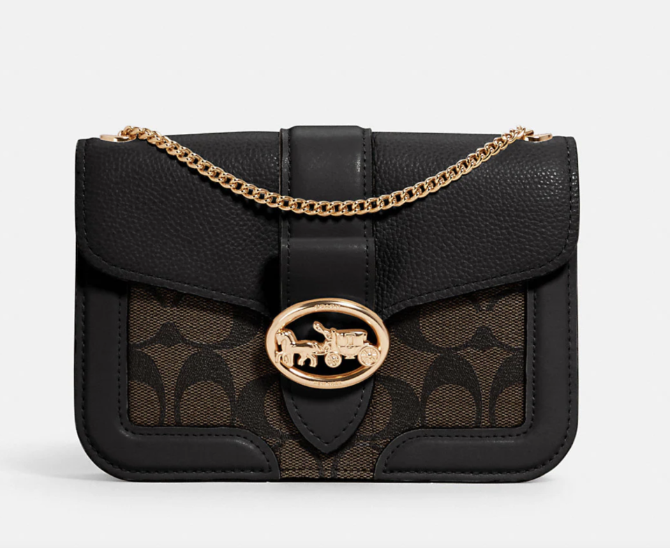 black leather gold chain coach cc print Georgie Crossbody (Photo via Coach Outlet)