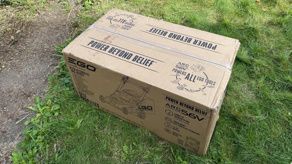 ego lawn mower in delivery box