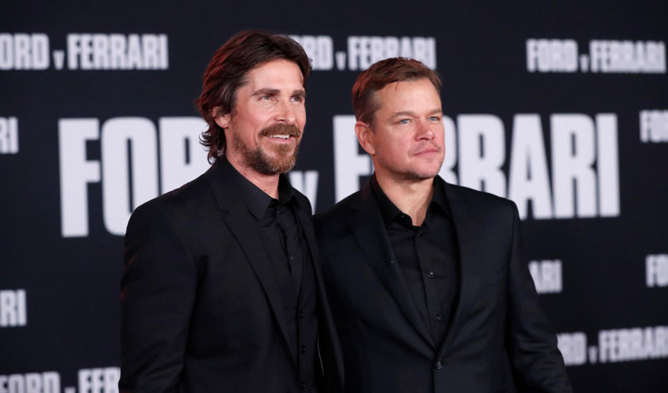 Cast members Christian Bale and Matt Damon pose at a special screening for the movie "Ford v Ferrari" in Los Angeles, California, U.S., November 4, 2019. REUTERS/Mario Anzuoni