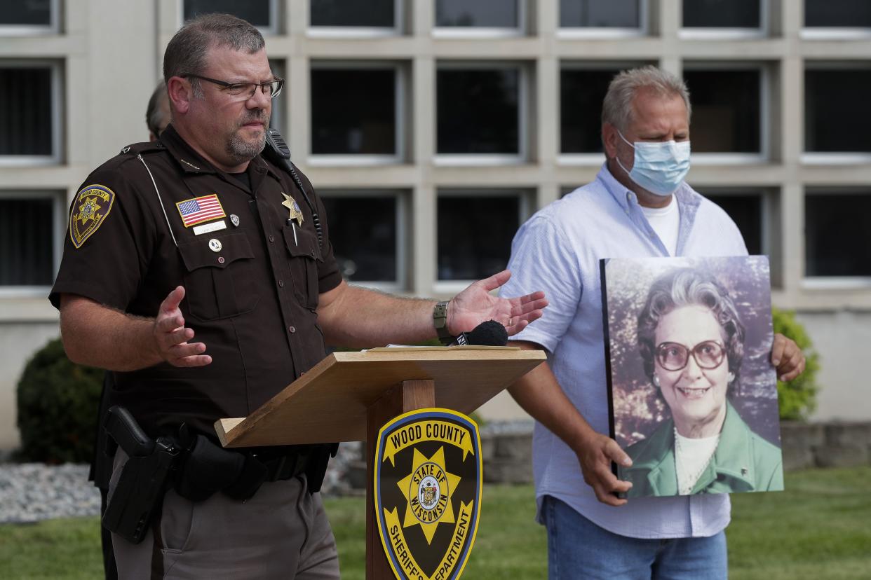 Wood County Sheriff Shawn Becker addresses the media on Thursday, Aug. 27, 2020, outside the Wood County Courthouse. Becker announced that a suspect has been arrested in the 1984 stabbing death of Eleanore Roberts, 73, of Saratoga.