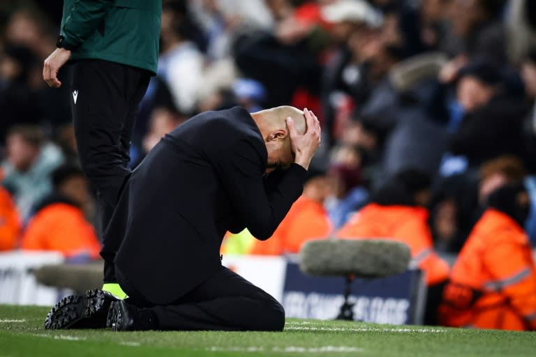 El entrenador del Manchester City, Josep Guardiola, durante el partido ante el Real Madrid en el que los ingleses quedaron eliminados en los cuartos de final de la Liga de Campeones. En Mánchester (Inglaterra), el 17 de abril de 2024 (Darren Staples)