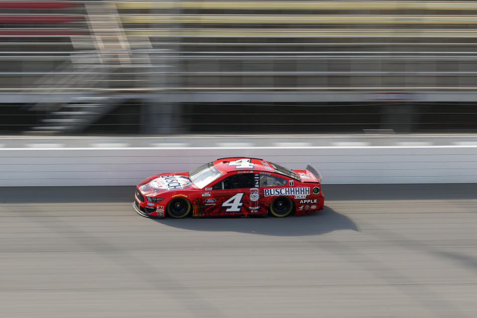 Kevin Harvick races during a NASCAR Cup Series auto race at Michigan International Speedway in Brooklyn, Mich., Sunday, Aug. 9, 2020. (AP Photo/Paul Sancya)