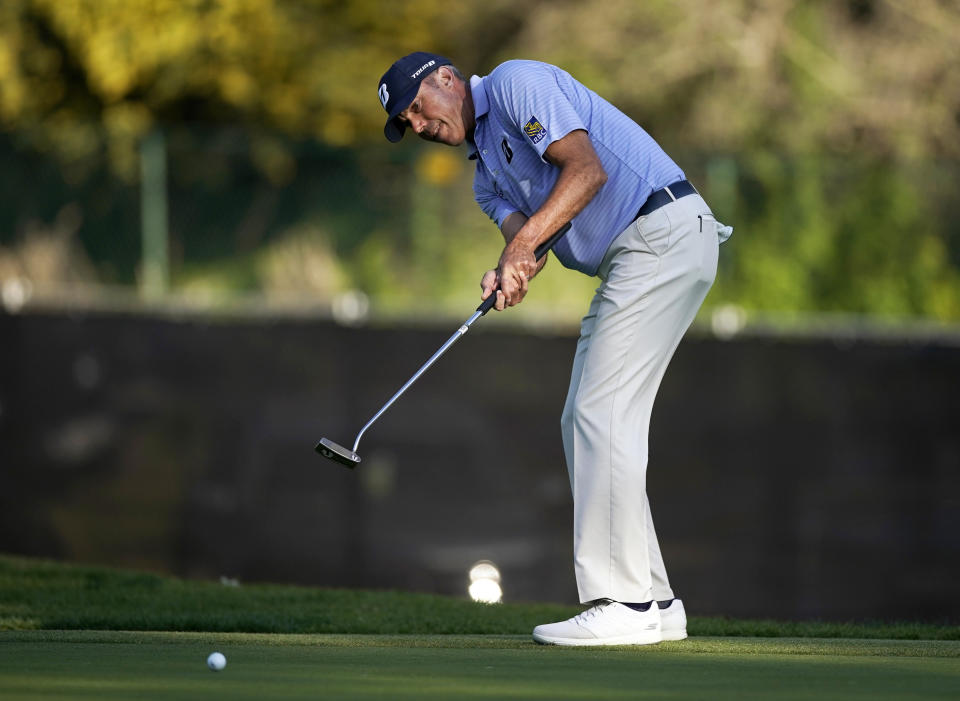 Matt Kuchar putts on the 13th green during the second round of the Genesis Invitational golf tournament at Riviera Country Club, Friday, Feb. 14, 2020, in the Pacific Palisades area of Los Angeles. (AP Photo/Ryan Kang)