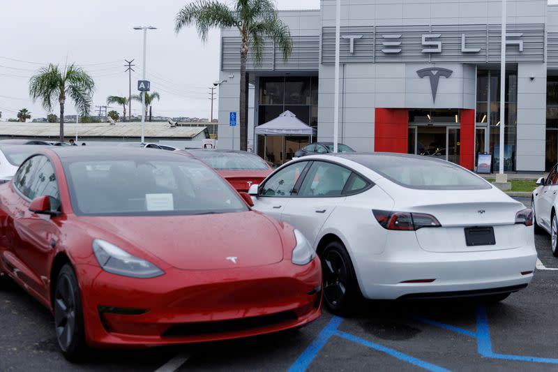 FILE PHOTO: Tesla Model 3 vehicles shown for sale in Long Beach