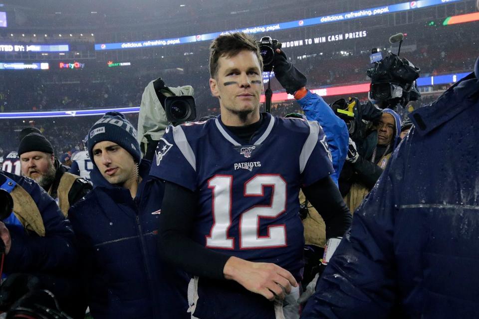 New England Patriots quarterback Tom Brady leaves the field after losing an NFL wild-card playoff football game to the Tennessee Titans, Saturday, Jan. 4, 2020, in Foxborough, Mass. (AP Photo/Charles Krupa)