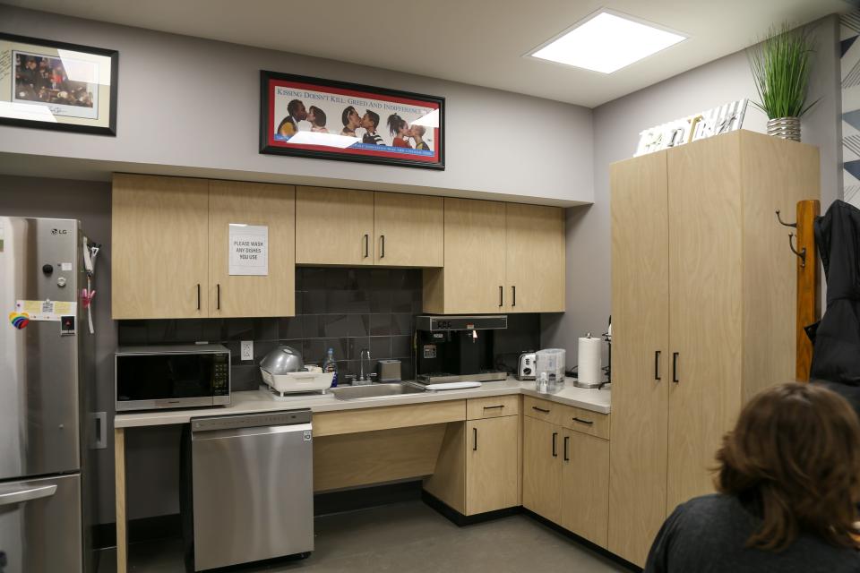 A photo of the brand new kitchenette that students are able to use during their visit to Purdue University's newest LGBTQ center at the Hicks Undergraduate Library, on Friday, Jan. 27, 2023, in West Lafayette, Ind.