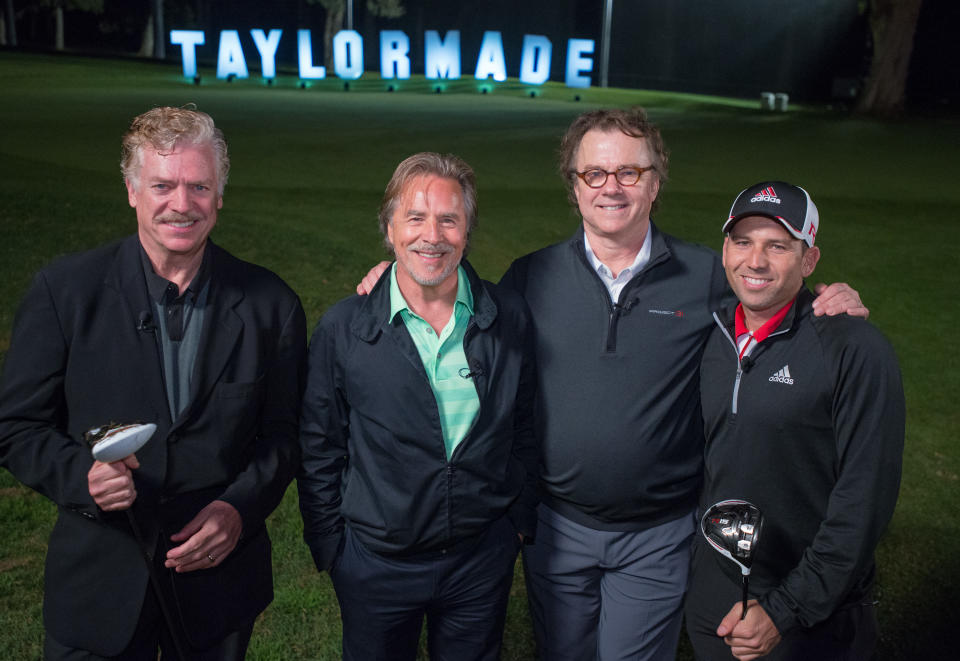 Actors Christopher McDonald, left, Don Johnson, Michael O'Keefe and PGA Tour's Sergio Garcia pose for a photo during TaylorMade's R15 Northern Trust Open "Made of Greatness" event, in Pacific Palisades, Wednesday, Feb., 18, 2015.  (Eric Reed/AP Images for TaylorMade)