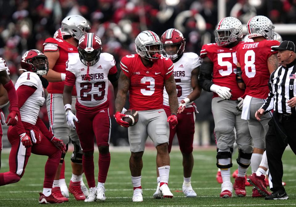 Ohio State running back Miyan Williams (3) celebrates after a pass reception against Indiana at Ohio Stadium.