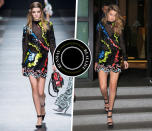 <p>A day after opening the Fall 2016 Versace show, the nouveau supermodel was seen out in Milan wearing a graphic minidress straight off the runway. <i>Photo: Runway (IMAXtree) & Celebrity (Getty Images)</i></p>