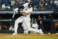 New York Yankees' Joey Gallo hits a single during the fourth inning against the Los Angeles Angels during the second baseball game of a doubleheader Thursday, June 2, 2022, in New York. (AP Photo/Frank Franklin II)
