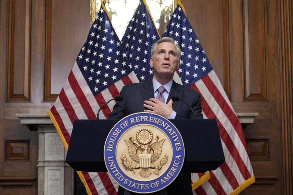 Rep. Kevin McCarthy, R-Calif., speaks to reporters hours after he was ousted as Speaker of the House, Tuesday, Oct. 3, 2023, at the Capitol in Washington. (AP)
