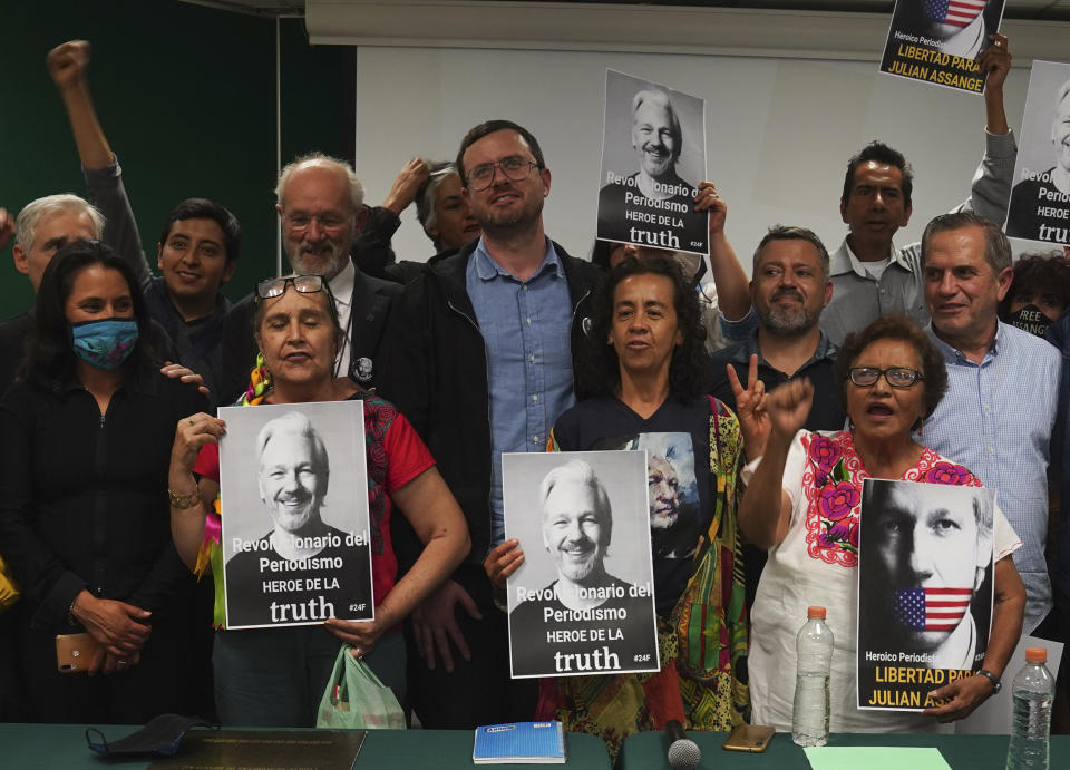 John Shipton Sr. and Gabriel Shipton the father and brother respectively of Julian Assange participate in an event sponsored by the Mexican ruling party Morena, at the Unión Telefónica headquarters, entitled "Freedom for Julian Asange: a global struggle," in Mexico City, Wednesday, Sept. 14, 2022. (AP Photo/Marco Ugarte)