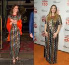 <p>The multi-colored Tory Burch gown paired perfectly with Kate Middleton's bright orange shawl at a dinner during her Bhutan royal visit in 2016. Drew Barrymore styled the same dress with a bright red lip for the ASPCA Bergh Ball in 2016.</p>