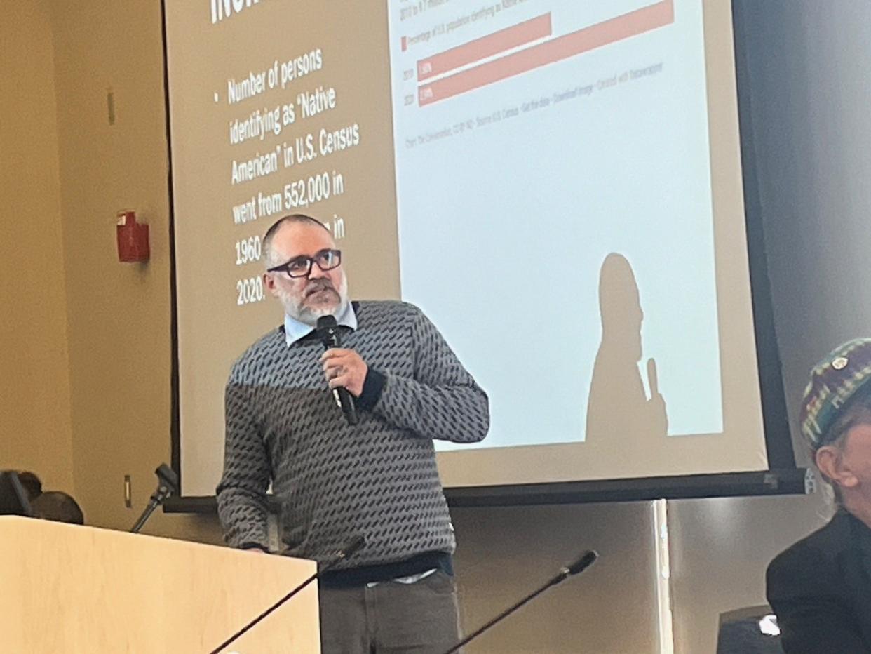 Professor Darryl Leroux presented the case against Vermont's Abenakis at Thursday night's presentation at the University of Vermont, as seen on April 25, 2024.