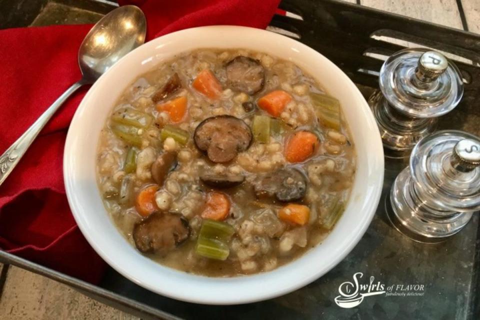 <p>Swirls of Flavor</p><p>Calling all mushroom fans! This is one of the best soups! </p><p><strong>Get the Recipe: <a href="https://swirlsofflavor.com/slow-cooker-mushroom-barley-soup/" rel="nofollow noopener" target="_blank" data-ylk="slk:Crock Pot Mushroom Barley Soup;elm:context_link;itc:0;sec:content-canvas" class="link ">Crock Pot Mushroom Barley Soup</a></strong></p>