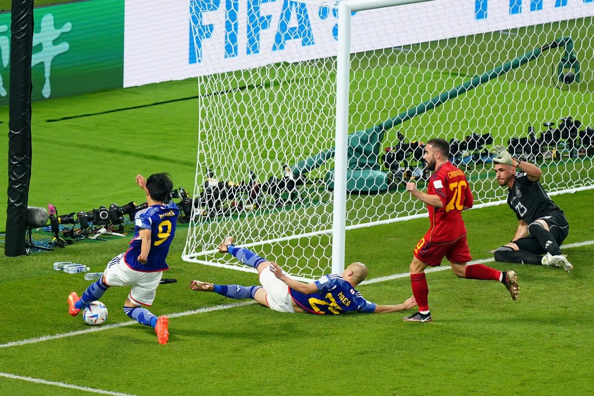 VAR judged that the whole of the ball had not crossed the line when Kaoru Mitoma cut it back to set up Japan’s winner against Spain (Mike Egerton/PA) (PA Wire)