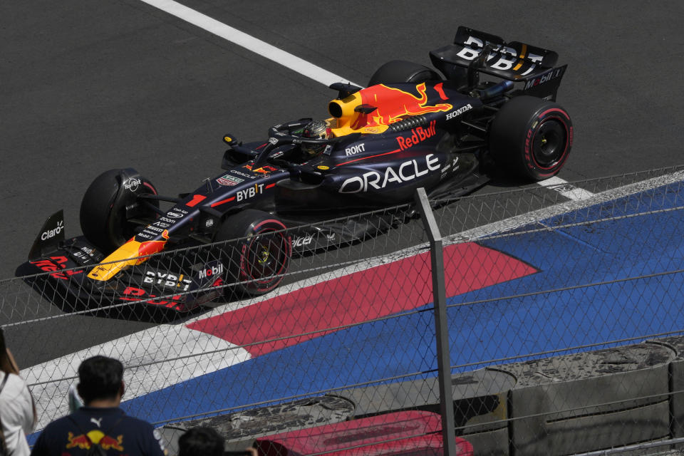 Red Bull's Max Verstappen, of the Netherlands, takes a practice run prior to Sunday's Formula One Mexico Grand Prix auto race at the Hermanos Rodriguez racetrack in Mexico City, Saturday, Oct. 28, 2023. (AP Photo/Fernando Llano)