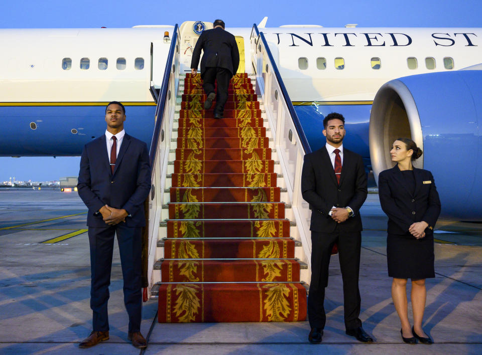 U.S. Secretary of State Mike Pompeo boards his plane as he departs Manama International Airport in Manama, Bahrain, Friday, Jan. 11, 2019. (Andrew Caballero-Reynolds/Pool Photo via AP)