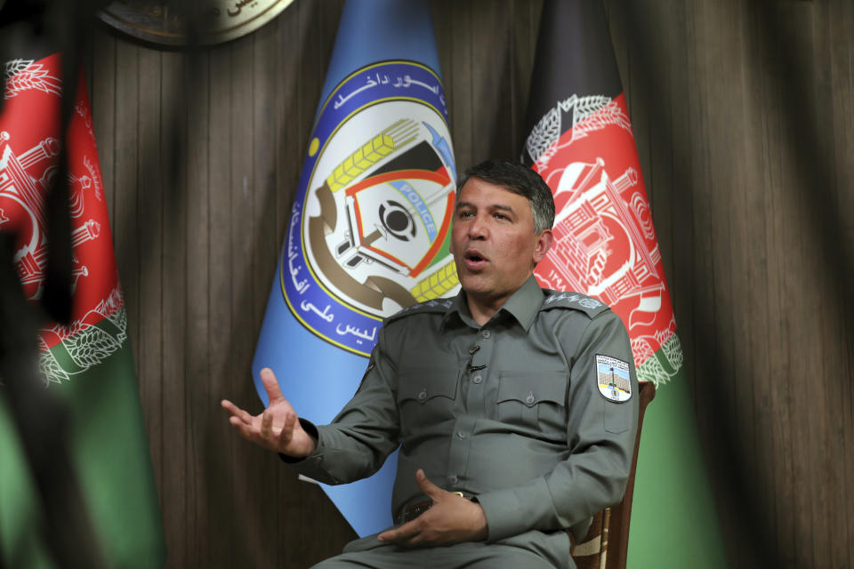 Afghan Interior Minister Masoud Andarabi speaks during an interview to the Associated Press at the Ministry of the Interior in Kabul, Afghanistan, Saturday, March. 13, 2021. (AP Photo/Rahmat Gul)