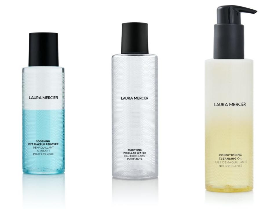 ▲laura mercier 舒緩眼部卸妝液 100ml NT$900 煥顏高效潔膚水 200ml NT$1,200 煥顏植萃潔顏油 150ml NT$1,300。（圖／laura mercier）