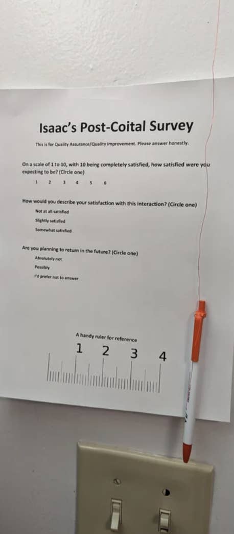 "Isaac's post-coital survey" sign, including a 1–10 "satisfaction" question