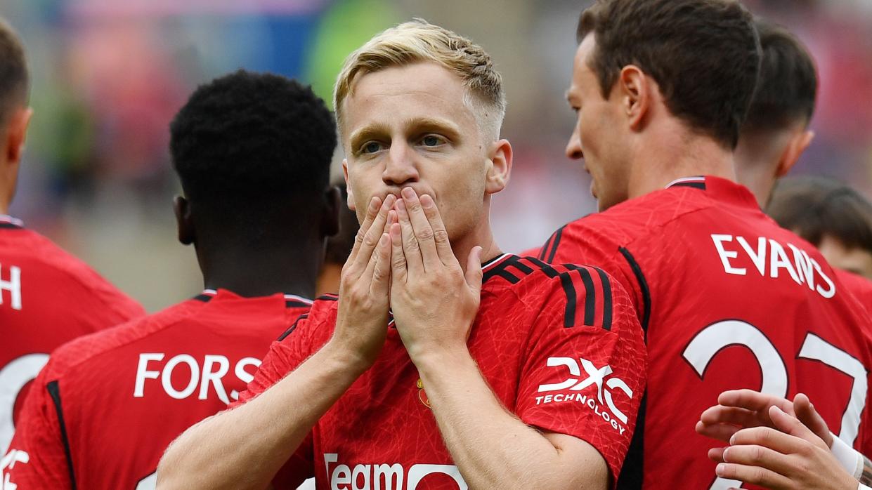  Donny van de Beek of Manchester United celebrates scoring with his team ahead of this week's pre-season friendly against Real Madrid. 