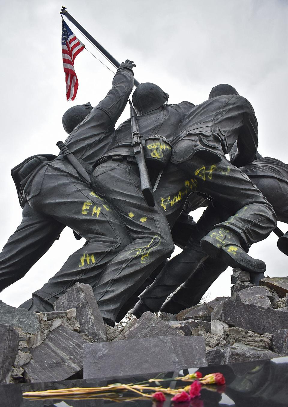 Graffiti mars the Iwo Jima Memorial at Bicentennial Park in Fall River on Friday, Feb. 2, 2024.
