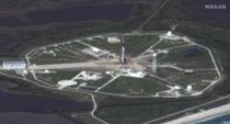 A satellite image shows a closer view of launch pad 39A and SpaceX Falcon 9 rocket with the Crew Dragon spacecraft at the Kennedy Space Center in Cape Canaveral