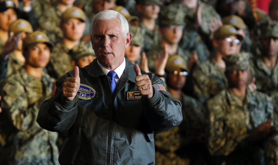 Vice President Mike Pence gives a thumbs up after a speech aboard the nuclear aircraft carrier USS Harry S. Truman at the Naval Station Norfolk in Norfolk, Va., Tuesday, April 30, 2019. (AP Photo/Steve Helber)