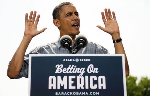 US President Barack Obama speaks during a campaign event at Wolcott House Museum Complex in Maumee, Ohio. Obama Thursday heralded his first re-election campaign bus tour with a new trade blast at China and fresh accusations his White House foe Mitt Romney helped send US jobs abroad