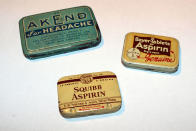 <p>Aspirin tins: Squibb, found in the south side of the first floor airshaft in 1993; Bayer tablets, found under the floorboards in the kitchen of what is the recreated Moore Apartment on the fourth floor in 2008, and Akend, found under the floorboards in the kitchen of Apartment 3 on the second floor of 97 near the sink in 1993. (Photo: Caters News) </p>