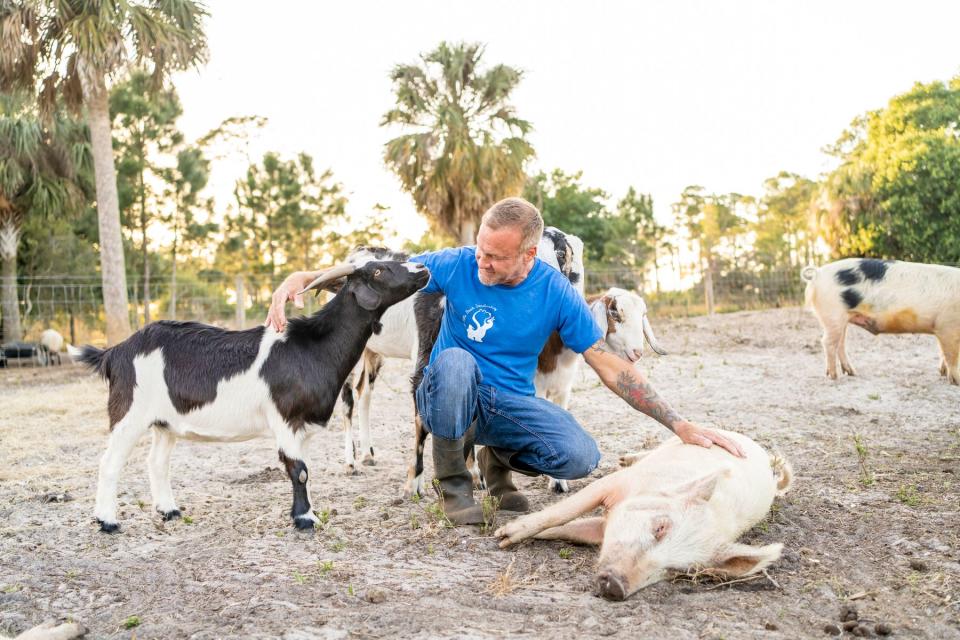 Christopher Vane pets a goat and a pig. (GoFundMe Heroes)