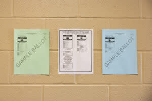  Sample ballots on the wall at Living Hope Baptist Church in Bowling Green,May 21, 2024. (Kentucky Lantern photo by Austin Anthony)