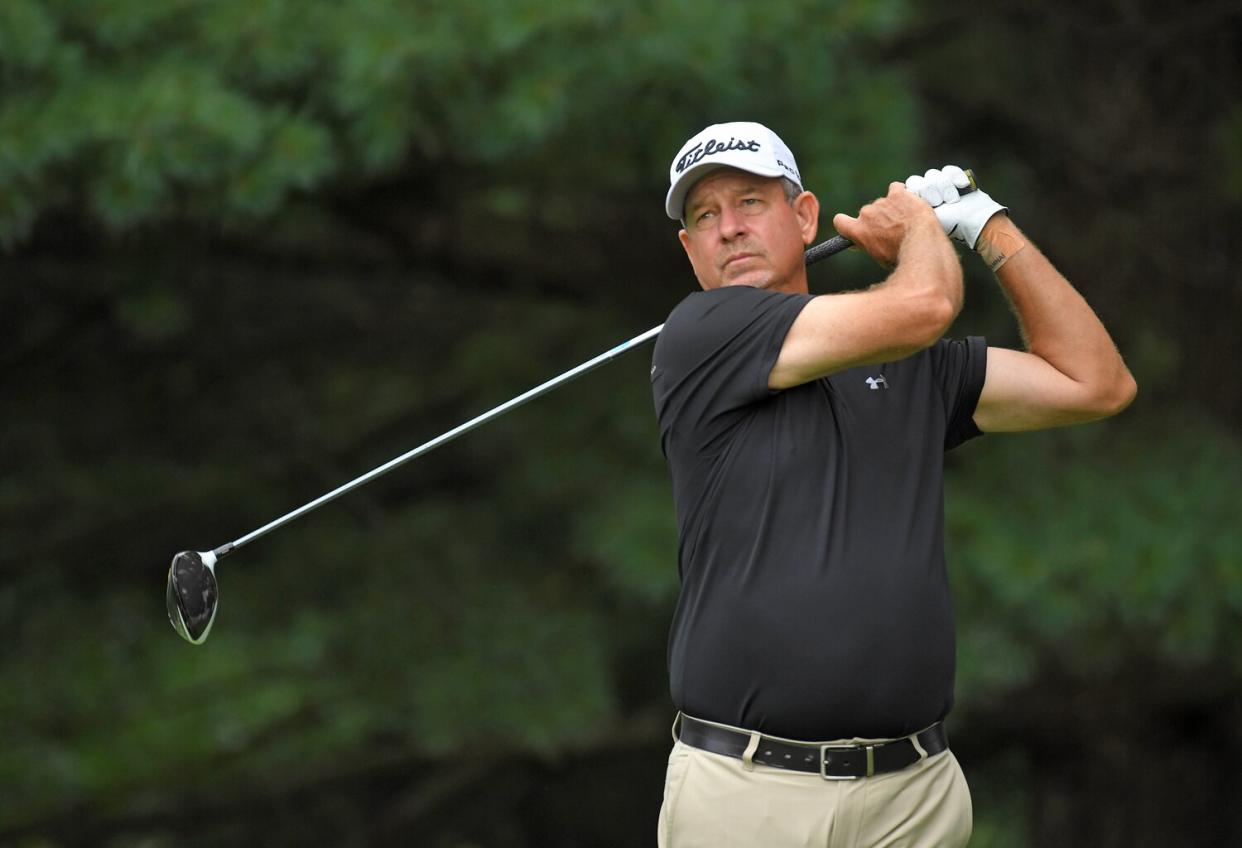 Bart Bryant plays his tee shot on the second hole during the second round of the PGA TOUR Champions Bridgestone SENIOR PLAYERS Championship at Firestone Country Club on July 12, 2019 in Akron, Ohio.