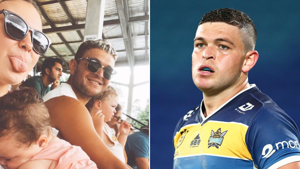 Pictured left is Ash Taylor with his partner and two kids and on the footy field in the right photo.