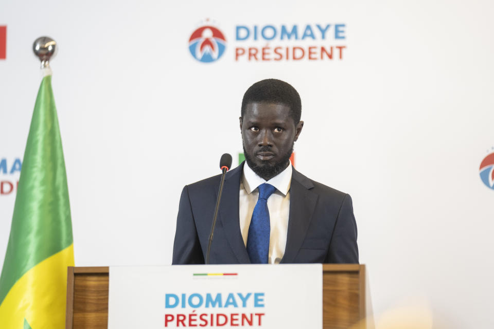 Bassirou Diomaye Faye holds a press conference after winning the presidential elections in Dakar, Senegal, Monday, March 25, 2024. (AP Photo/Mosa'ab Elshamy)