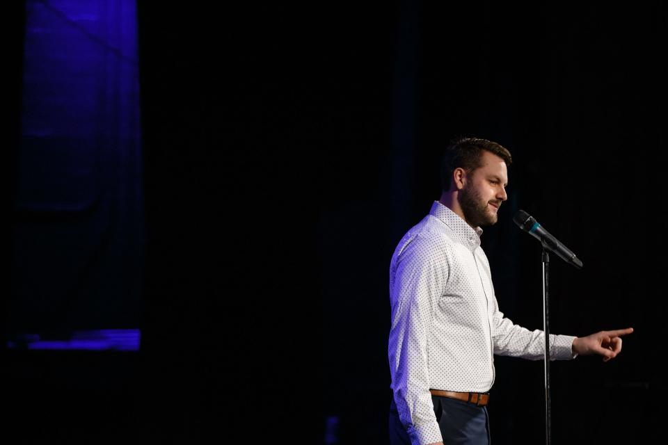 Ryan Moon tells his story during the Des Moines Register Storytellers Project at Hoyt Sherman Place on Tuesday, Feb. 12, 2019, in Des Moines. 