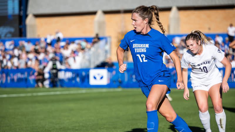 BYU’s Bella Folino dribbles during a game against Kansas State on October 10, 2023.