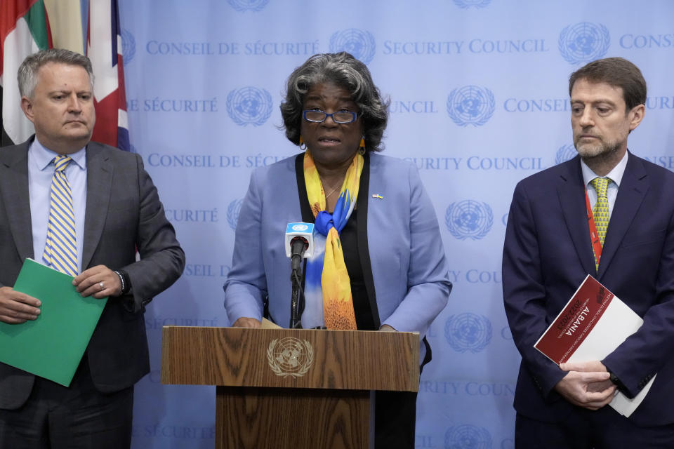 Linda Thomas-Greenfield, United States Ambassador to the United Nations, center, alongside Sergiy Kyslytsya, permanent representative of Ukraine to the United Nations, left, and Ferit Hoxha, ambassador of Albania to the United Nations, speaks after a meeting of the United Nations Security Council to discuss the war in Ukraine, Thursday, Aug. 24, 2023, at United Nations headquarters. (AP Photo/John Minchillo)