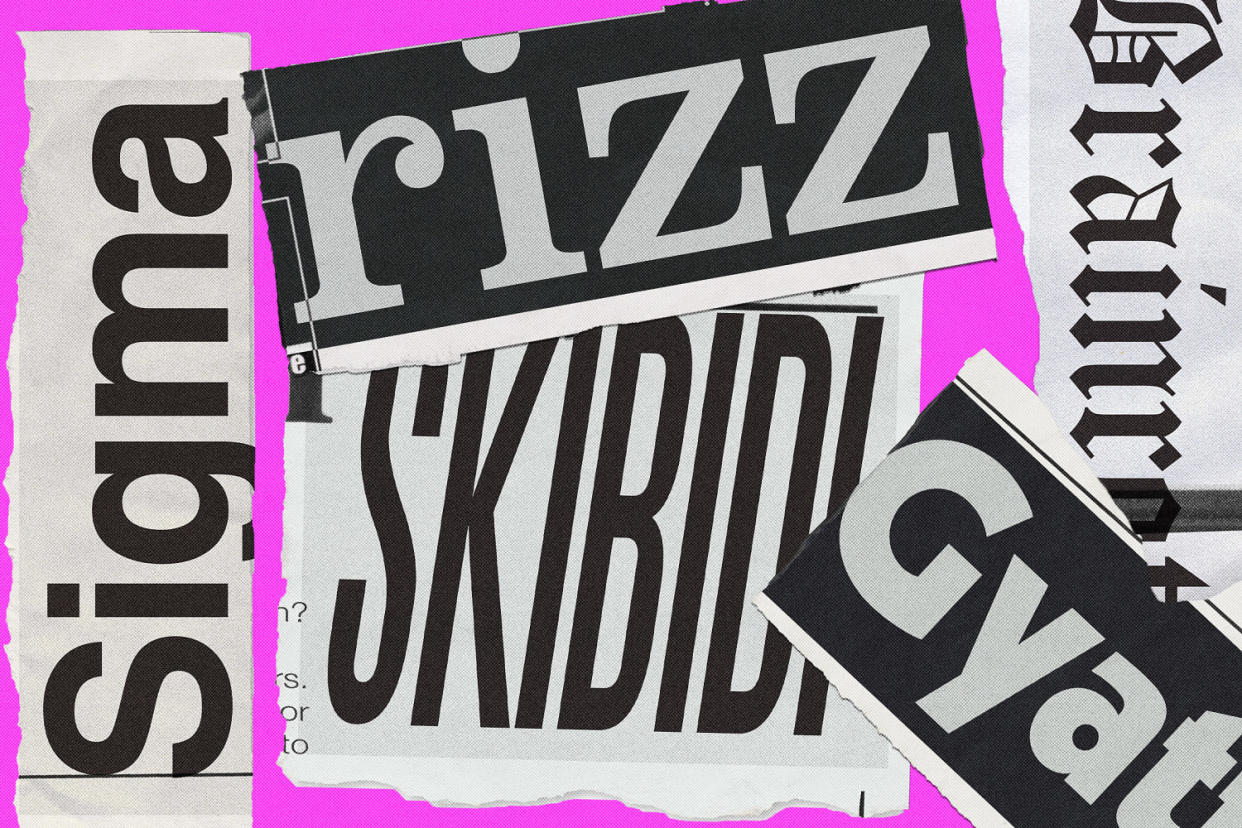 Collage of various Gen Alpha slang words in different fonts: "Sigma," "Rizz," "Skibidi", "Gyatt", and "Brainrot" (Leila Register / NBC News; Getty Images)