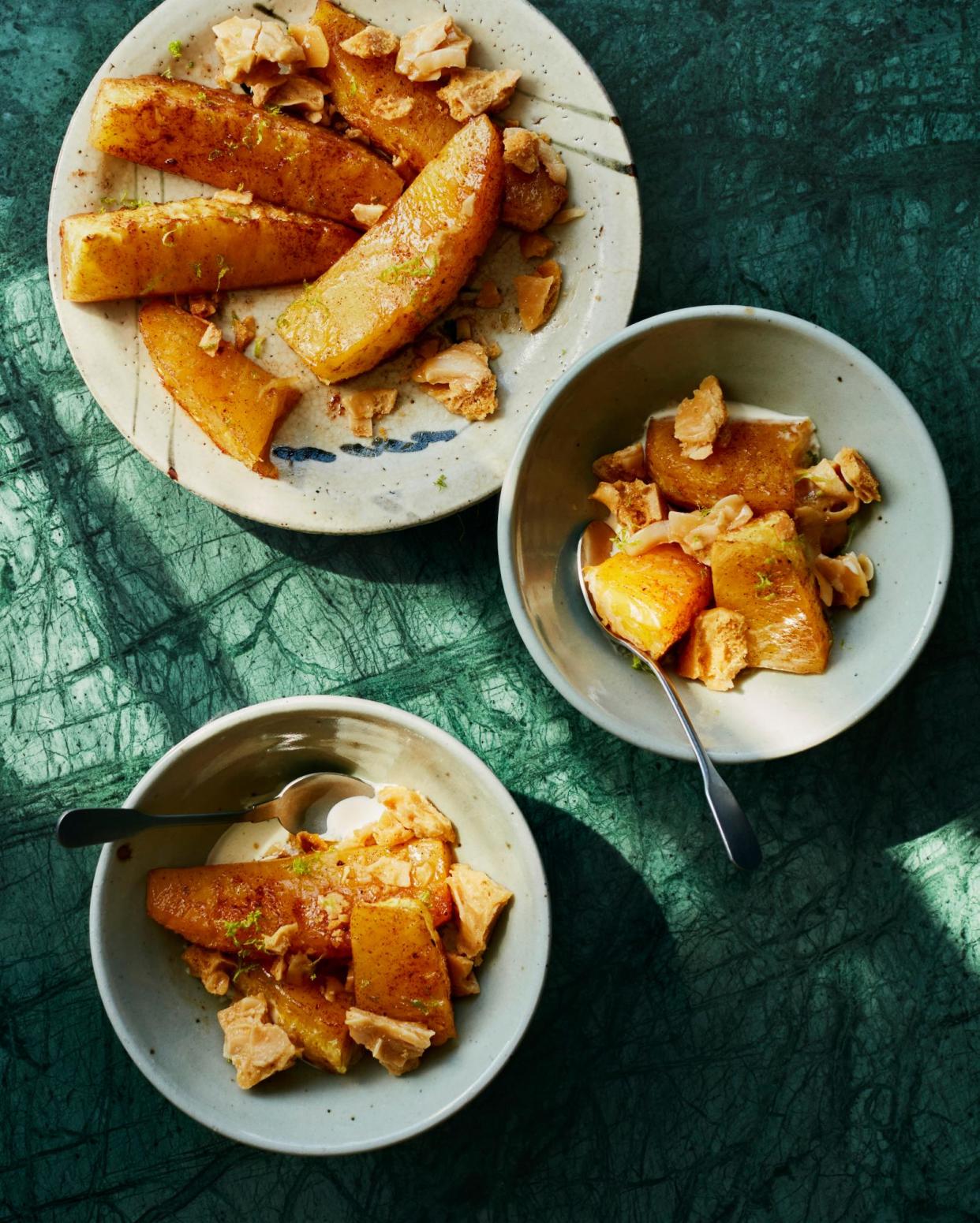 <span>Benjamina Ebuehi’s roast pineapple with coconut brittle.</span><span>Photograph: Laura Edwards/The Guardian. Food styling: Benjamina Ebuehi. Prop styling: Anna Wilkins. Food styling assistant: Lara Cook.</span>