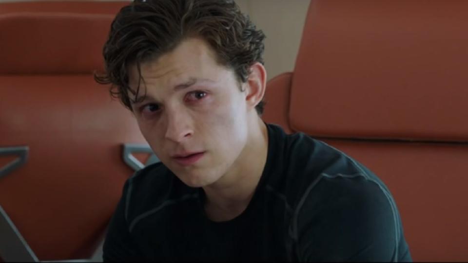 Tom Holland as Peter Parker crying in Spider-Man: Far From Home.