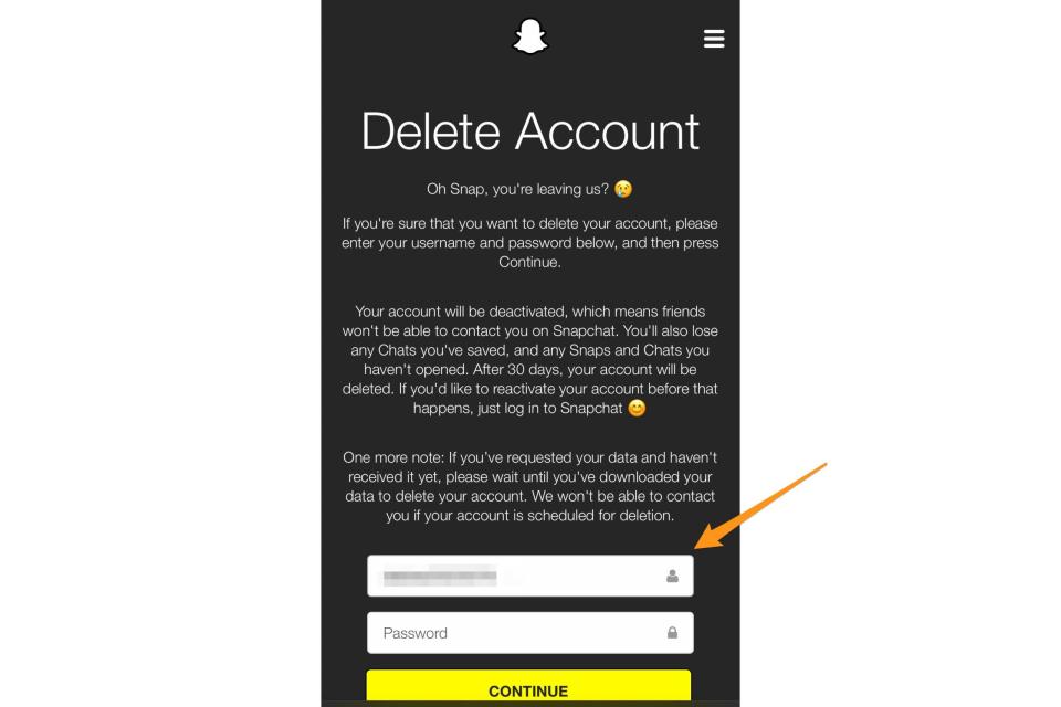 Snapchat's deactivation screen.